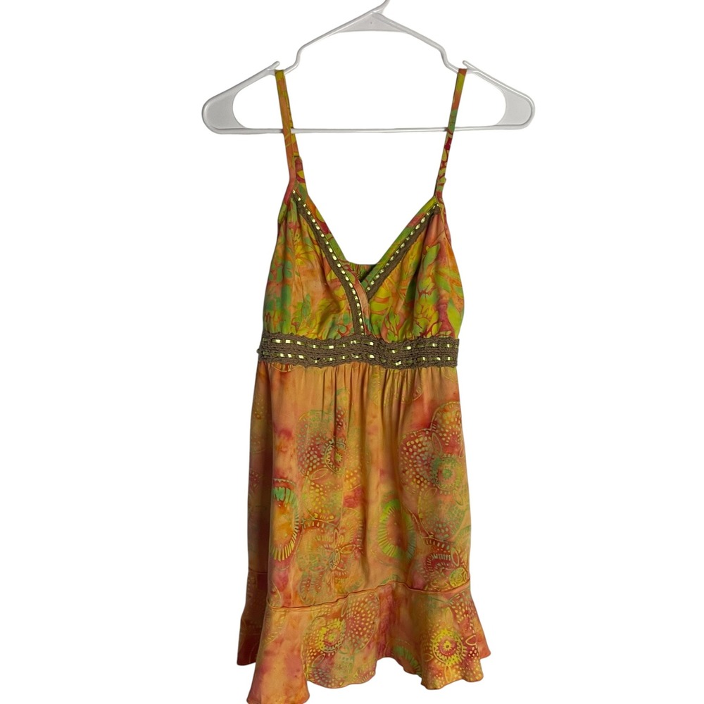 Santiki Womens Boho Tie Dye Babydoll Top Size XL Orange Beaded Ruffle Hem
